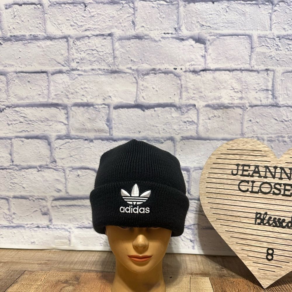 Adidas black beanie white trefoil logo